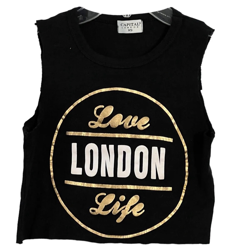 Love London Life Workout   T Shirt Black Gold Sz XS 28” Stretches
